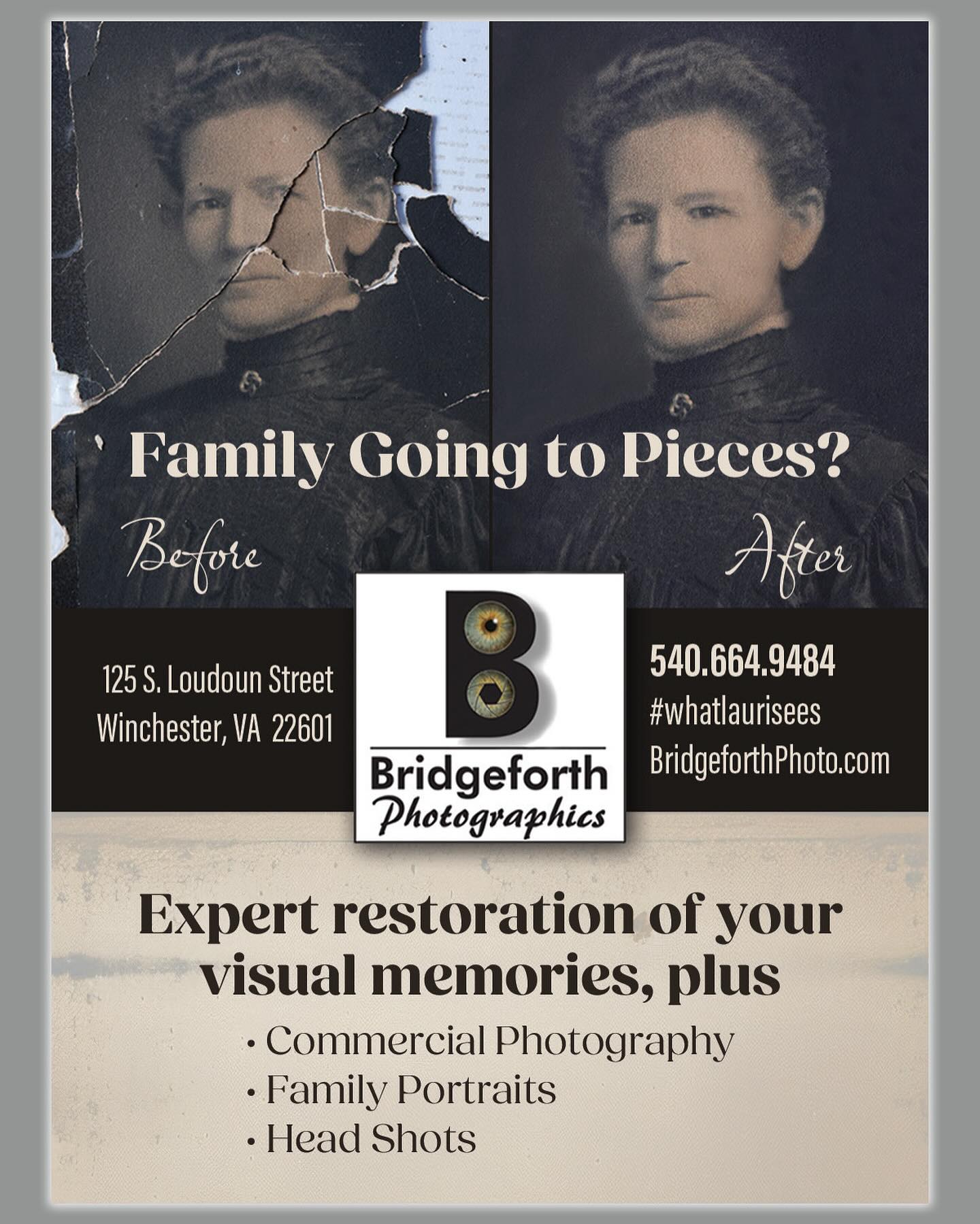 Do you have a vintage family photo that has seen better days? Maybe it’s cracked or stained or the kids got hold of it with crayons? (That last one is a true story by the way 😂) Bring it by the studio in Old Town Winchester VA and I’ll take it from there! Restorations make fabulously personal holiday gifts too! (But plan ahead please…I get slammed in November and December.) See you soon!
#whatlaurisees #photorestoration #vintage #oldphotos #bridgeforthphoto #adobephotoshop #photostudiowinchesterva #oldtownwinchester #photographerwinchesterva #holidaygiftideas #winchesterva