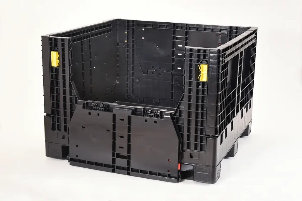 Black plastic pallet container with folding opening