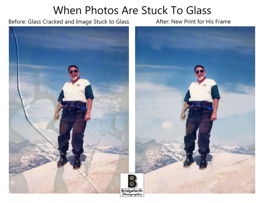 Photo restoration before and after of old image stuck to glass