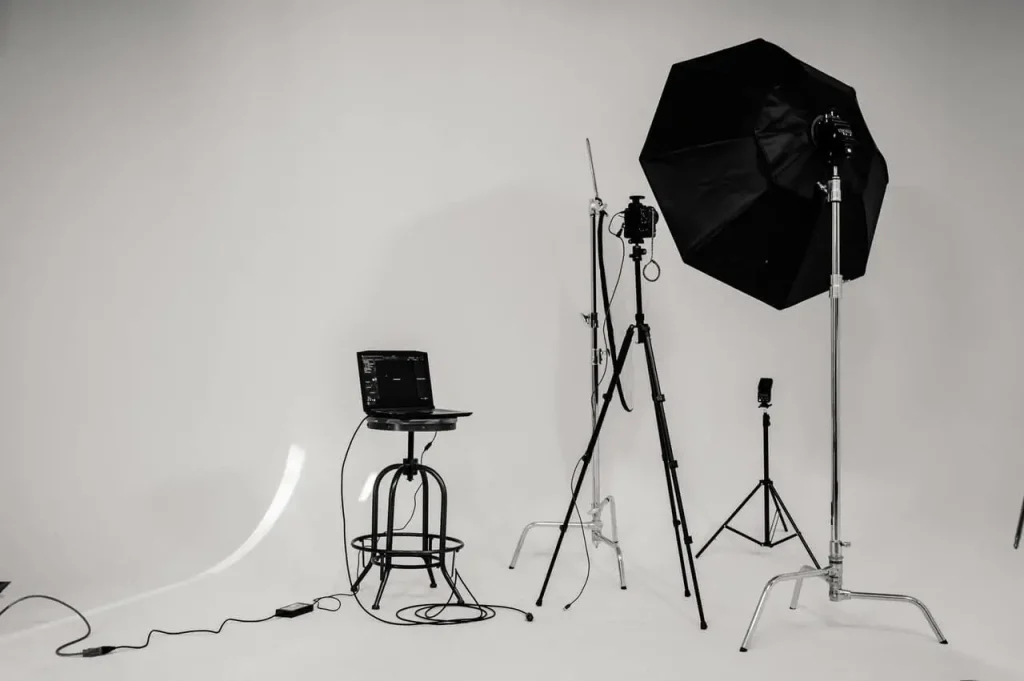 Professional photography tripods and lighting setup