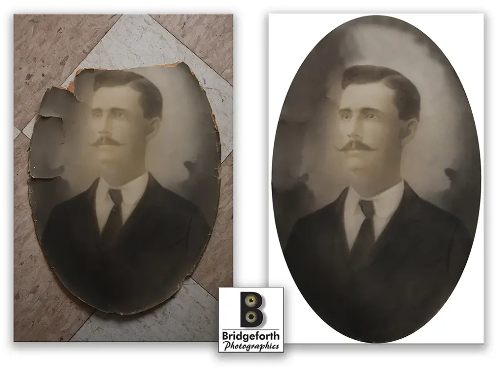 photo restoration of gentleman with impressive mustache before and after